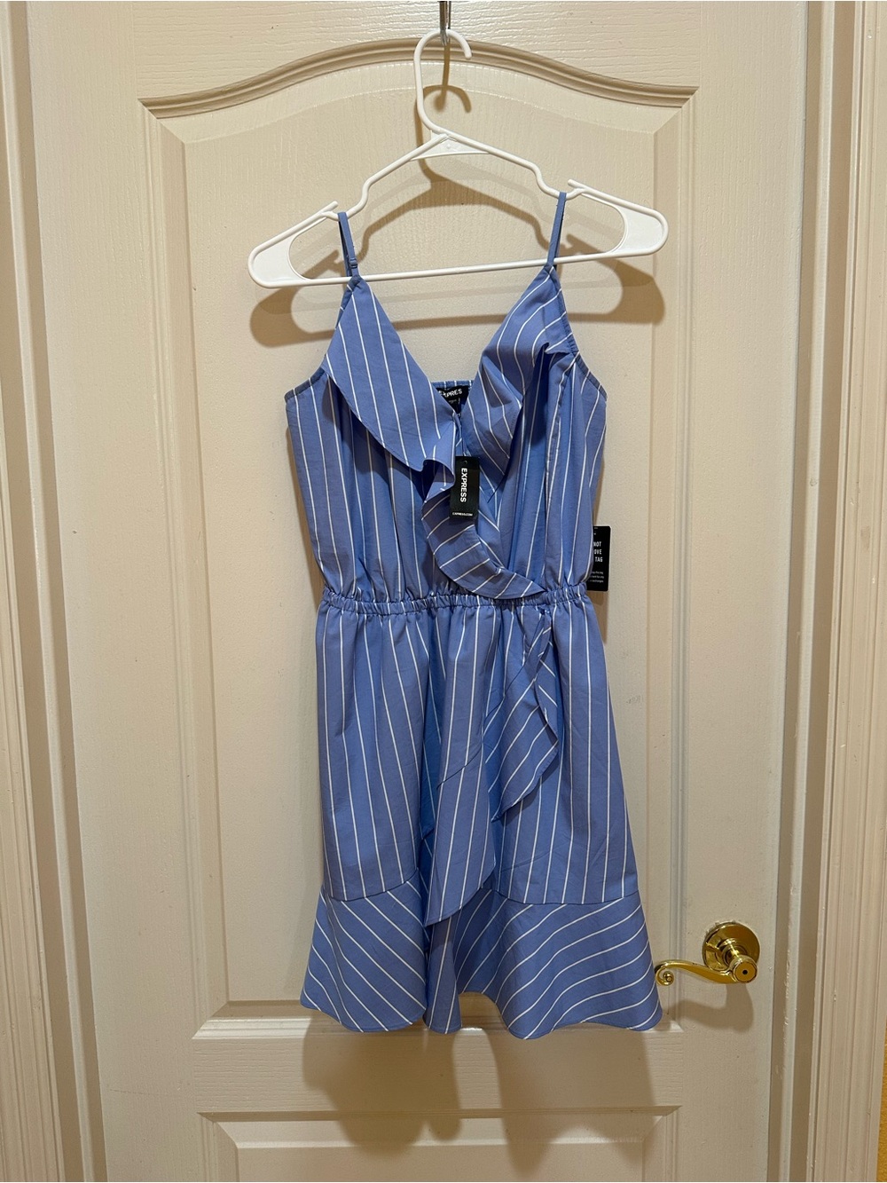 Express Blue and White Striped Ruffle Wrap Dress
